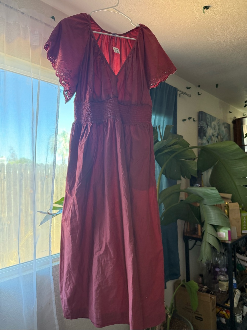 Deep Pink V-Neck Midi Dress with Lace Eyelet Sleeves